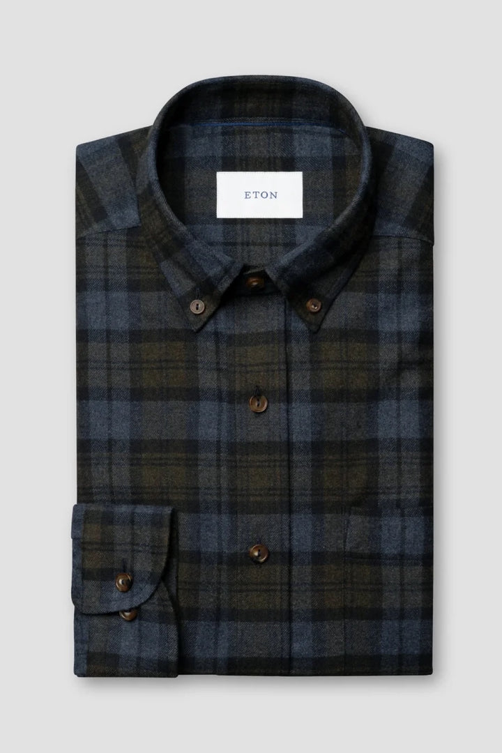 Chemise en flanelle à carreaux bleu et olive