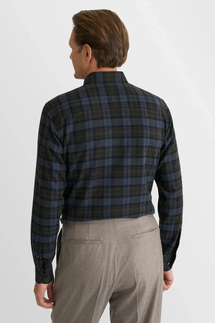Chemise en flanelle à carreaux bleu et olive