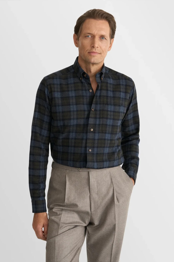 Chemise en flanelle à carreaux bleu et olive
