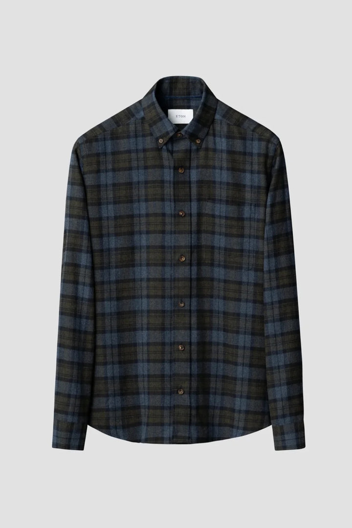 Chemise en flanelle à carreaux bleu et olive