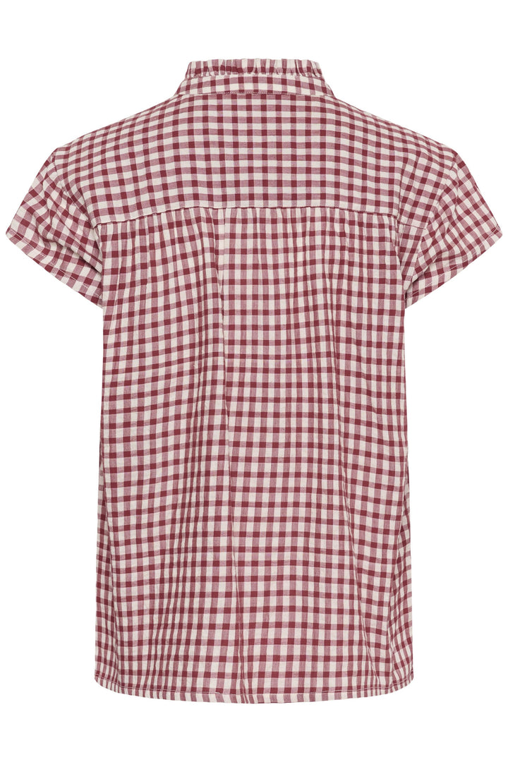 Blouse Bjanka à carreaux col montant boutonné, manches courtes, motif rouge, vue arrière