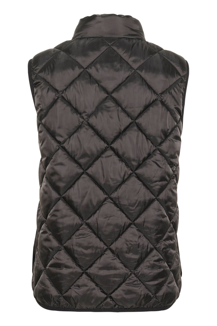 Manteau sans manches matelassé noir, design léger avec coupe droite et matelassage en losanges.