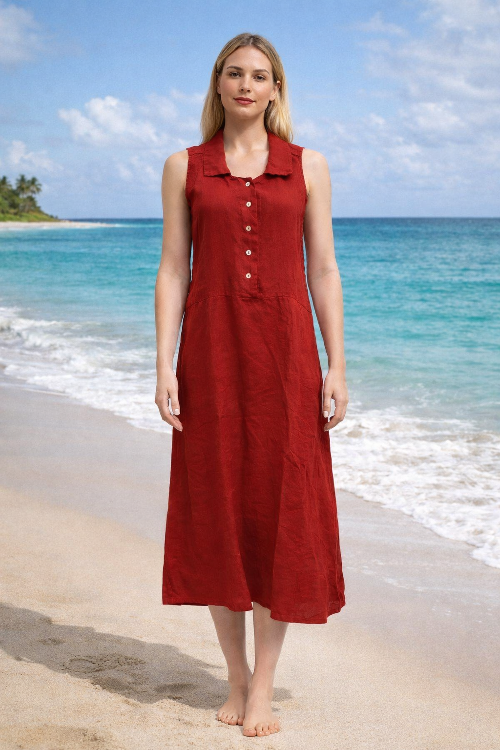 Robe sans manches en lin rouge, longue et fluide, idéale pour un style décontracté ou habillé sur la plage avec un bouton au col.
