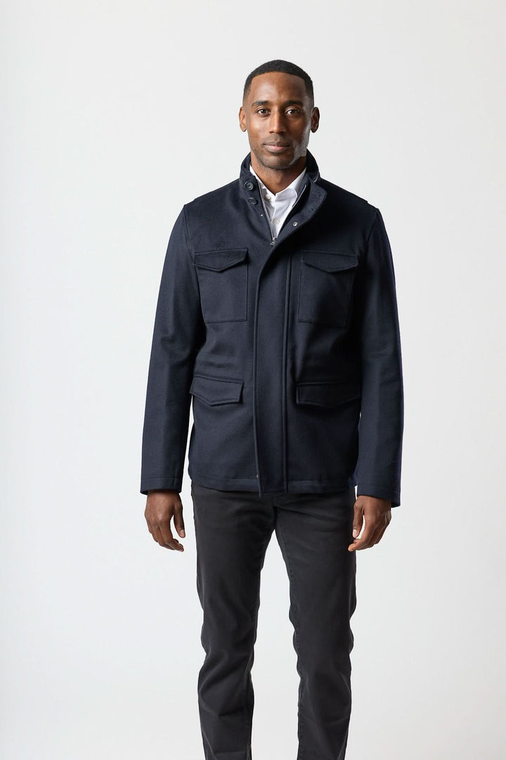 Wool jacket with four pockets, stowable hood