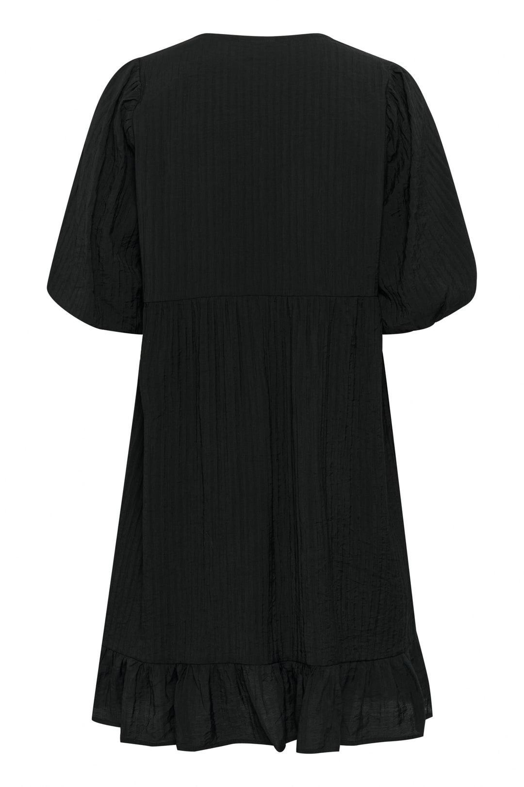 Robe courte Lianna, noire, ample avec manches bouffantes et base volantée, idéale pour journées chaudes et sorties estivales.