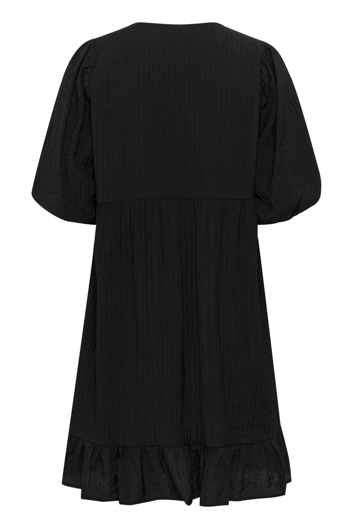 Robe courte Lianna, noire, ample avec manches bouffantes et base volantée, idéale pour journées chaudes et sorties estivales.