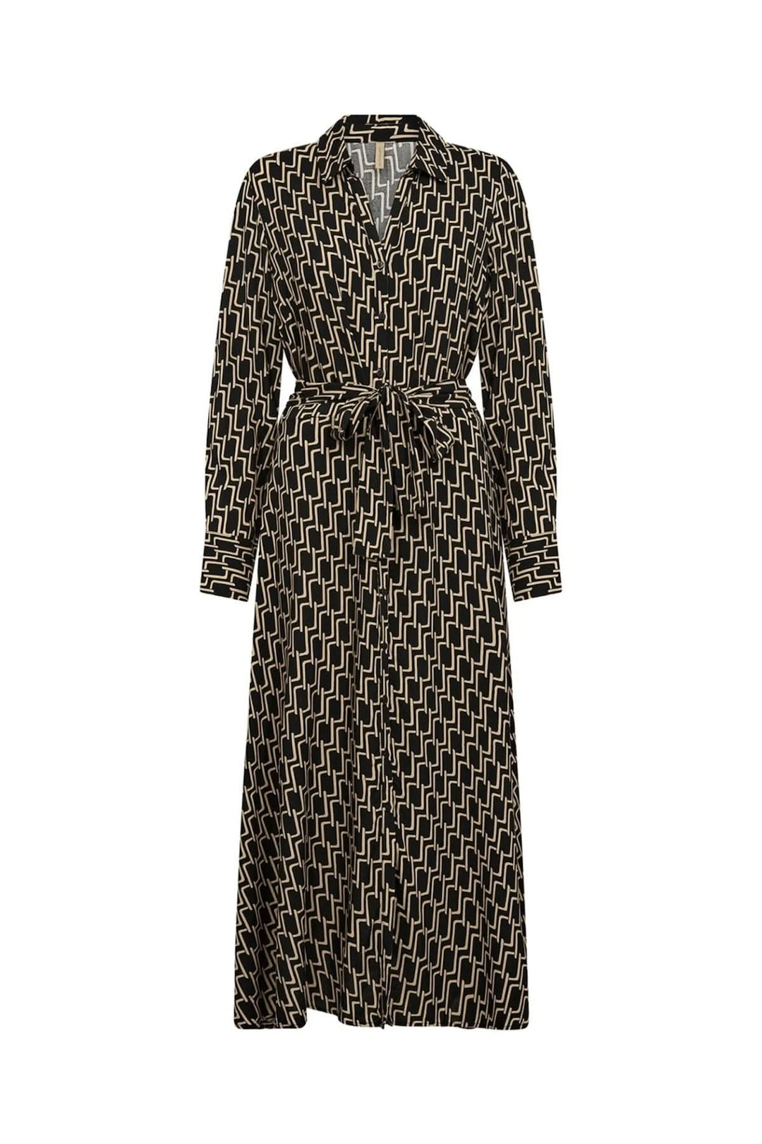 Robe chemisier fluide à imprimé graphique rétro, coupe midi et ceinture à nouer, idéale pour un look élégant.