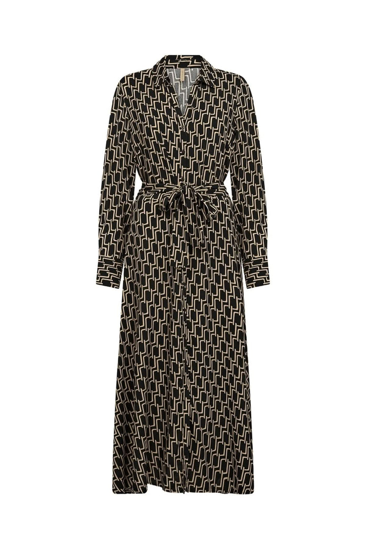 Robe chemisier fluide à imprimé graphique rétro, coupe midi et ceinture à nouer, idéale pour un look élégant.