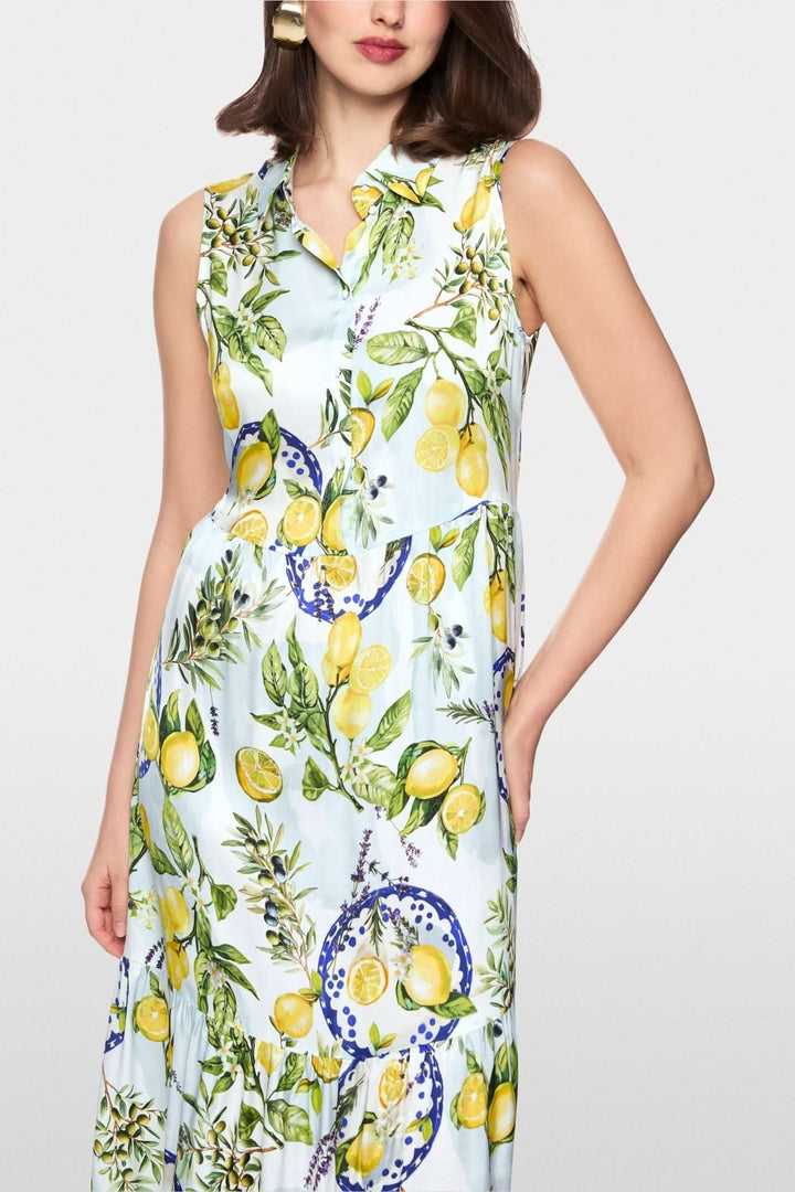 Robe longue imprimée à col chemise avec motif citron et feuillage, sans manches, taille cintrée, jupe fluide pour un look chic.