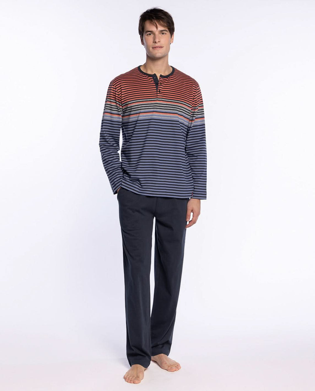 Pyjama Long en Coton à Rayures Sophistiqué