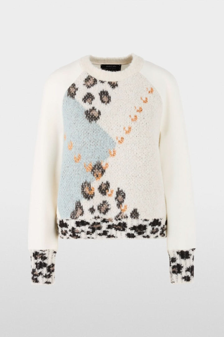 Chandail motif graphique en laine douce, manches longues, empiècements tricotés multicolores, style moderne et original.