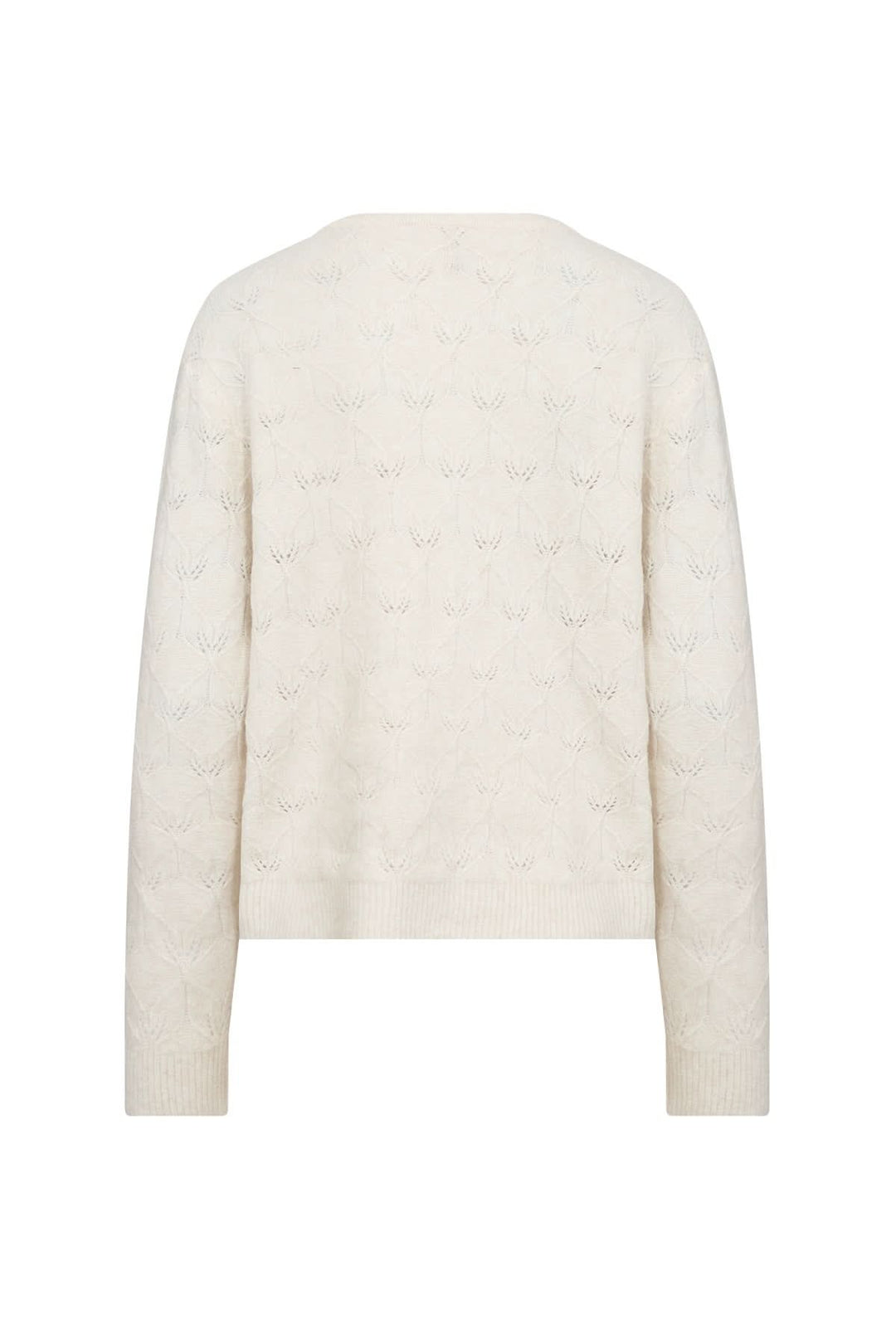 Cardigan ajouré à motif feuillage, encolure ronde, couleur crème, idéal pour une allure féminine cosy.