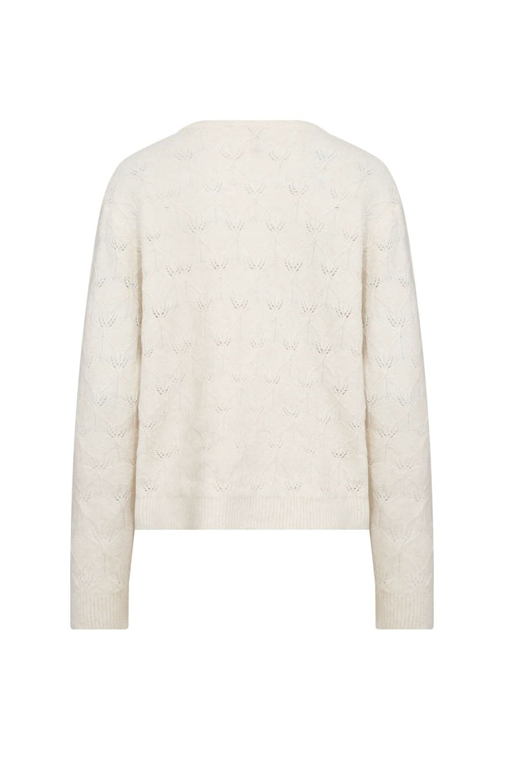 Cardigan ajouré à motif feuillage, encolure ronde, couleur crème, idéal pour une allure féminine cosy.