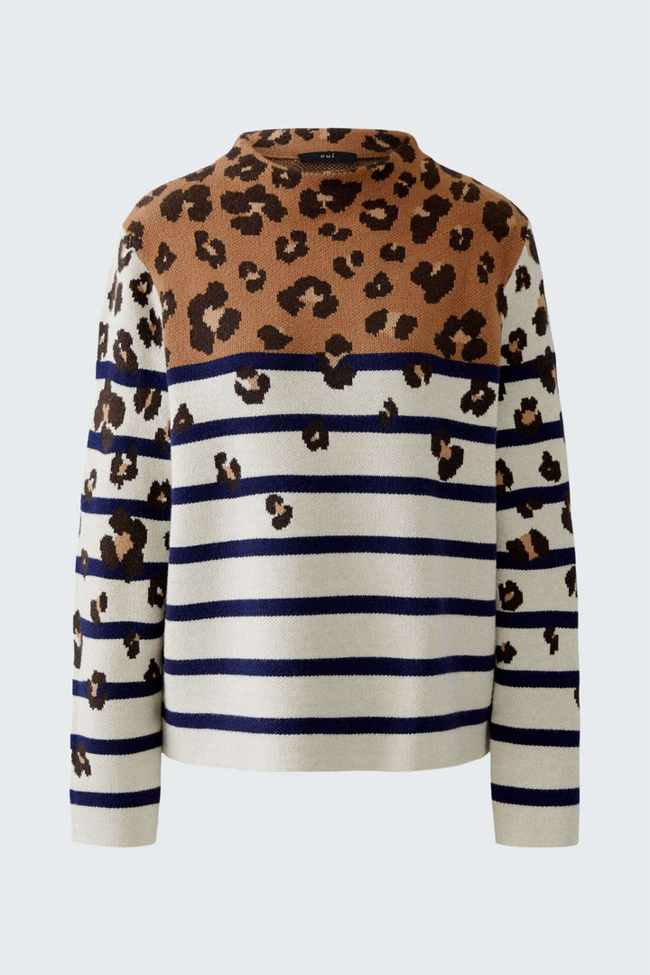 Sweater with mixed stripes and animal print pattern