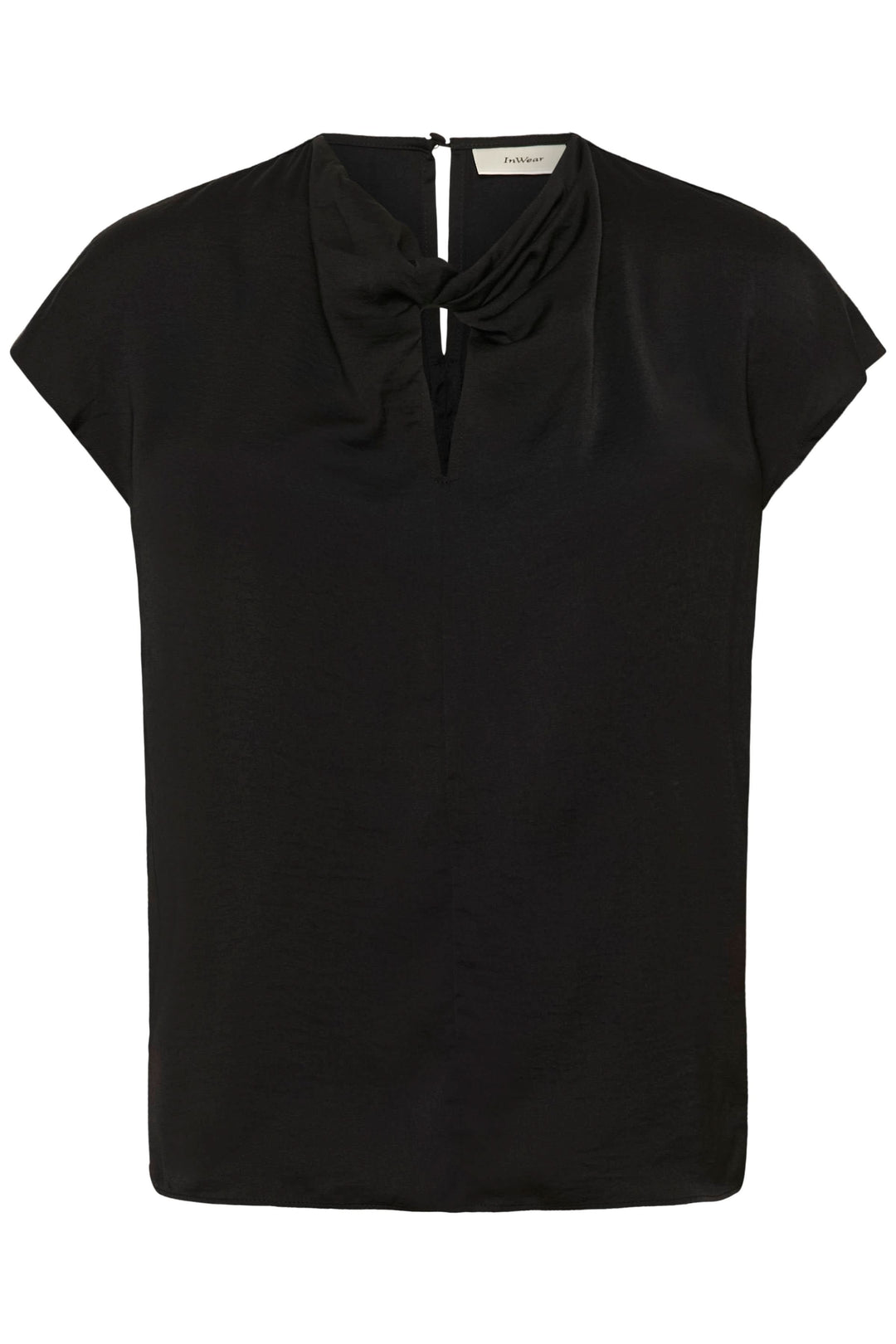 Blouse Danni fluide à col nœud, légère au tombé fluide avec manches courtes, col à effet nœud et ouverture en V, élégante et moderne.