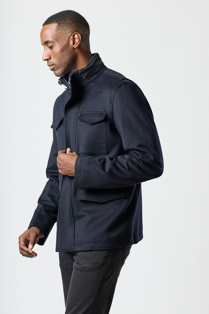 Wool jacket with four pockets, stowable hood