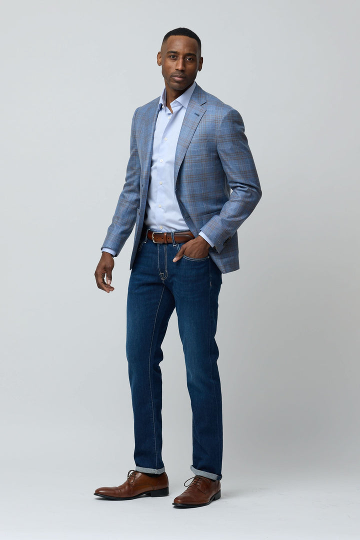 Veston à carreaux en laine, soie et lin