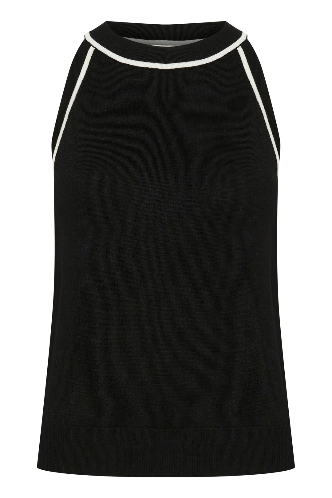 Camisole Lizza en tricot noir, sans manches, avec bordures contrastantes au col et aux bras.