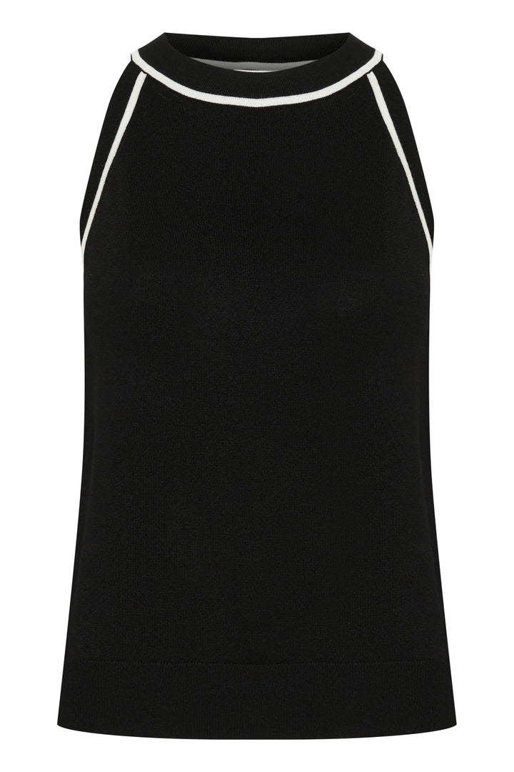 Camisole Lizza en tricot noir, sans manches, avec bordures contrastantes au col et aux bras.