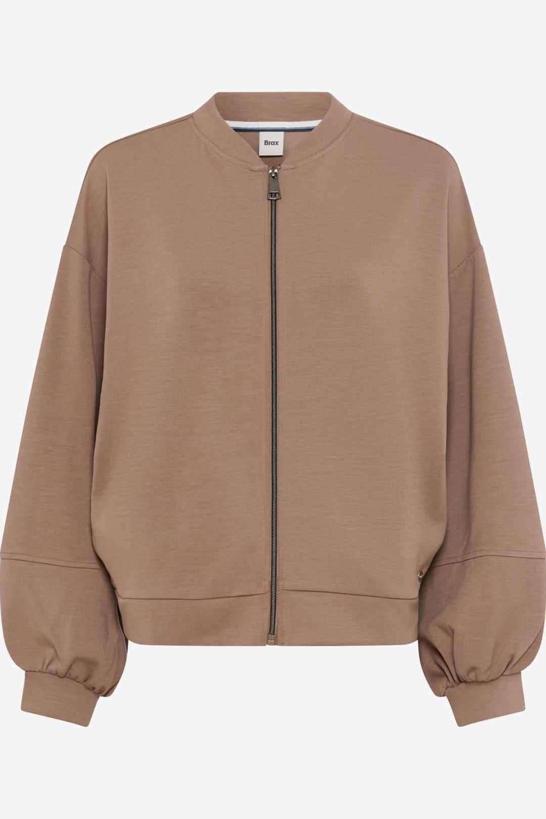 Veste Becky oversize en couleur terre, avec zip et col montant, alliant modernité et confort.