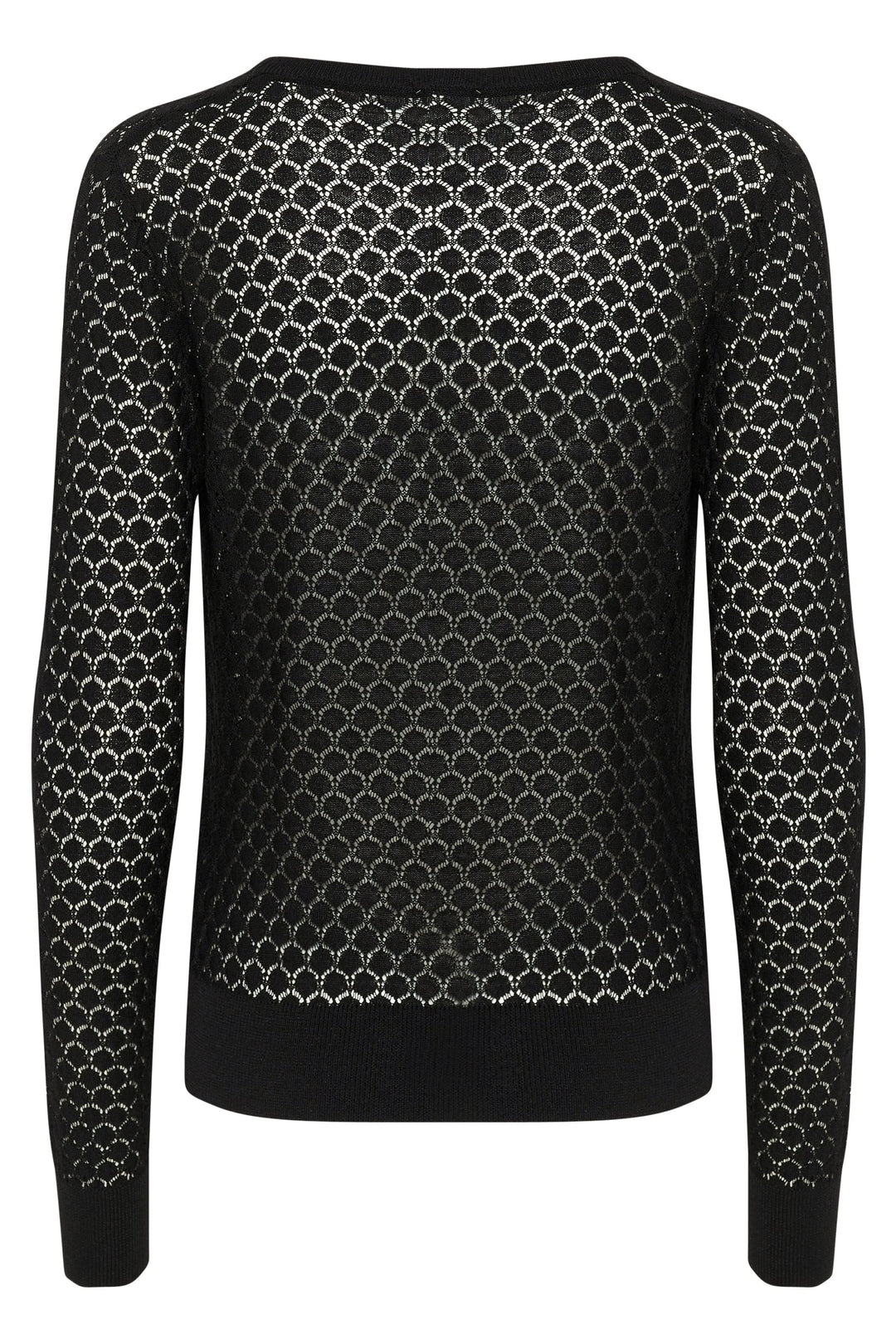 Chandail Raiko en maille ajourée noire, avec motif géométrique, encolure ronde et manches longues, vue arrière.