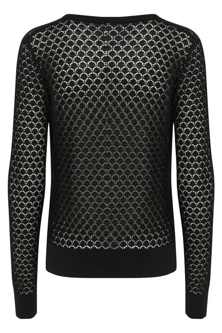 Chandail Raiko en maille ajourée noire, avec motif géométrique, encolure ronde et manches longues, vue arrière.