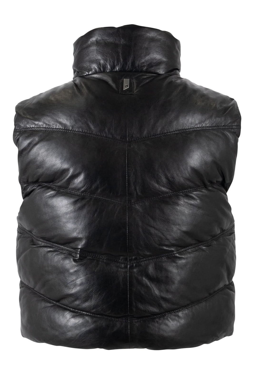 Manteau réversible Ellen sans manches noir matelassé avec col montant, style intemporel et pratique pour mi-saison.