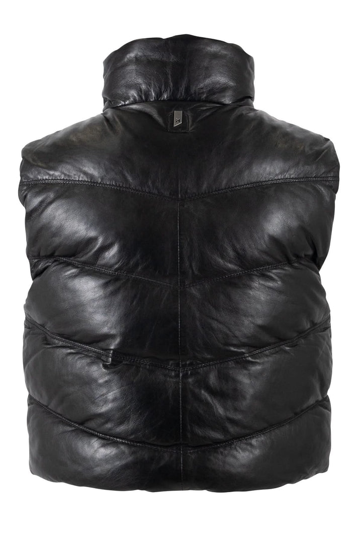 Manteau réversible Ellen sans manches noir matelassé avec col montant, style intemporel et pratique pour mi-saison.