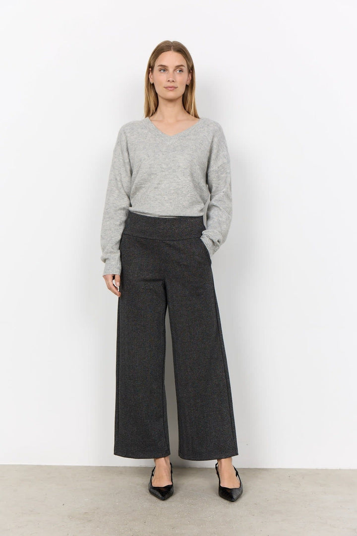 Vue frontale pantalon large Soya Concept femme gris texturé avec détails maille - Valérie Simon