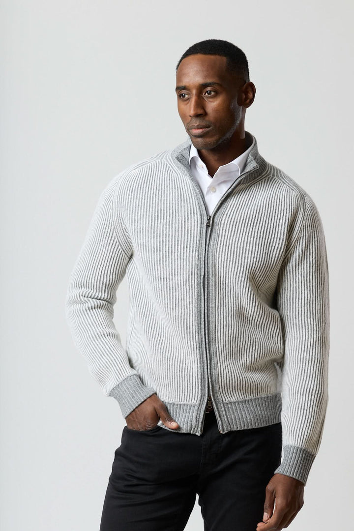 High-neck zippered sweater in ribbed knit