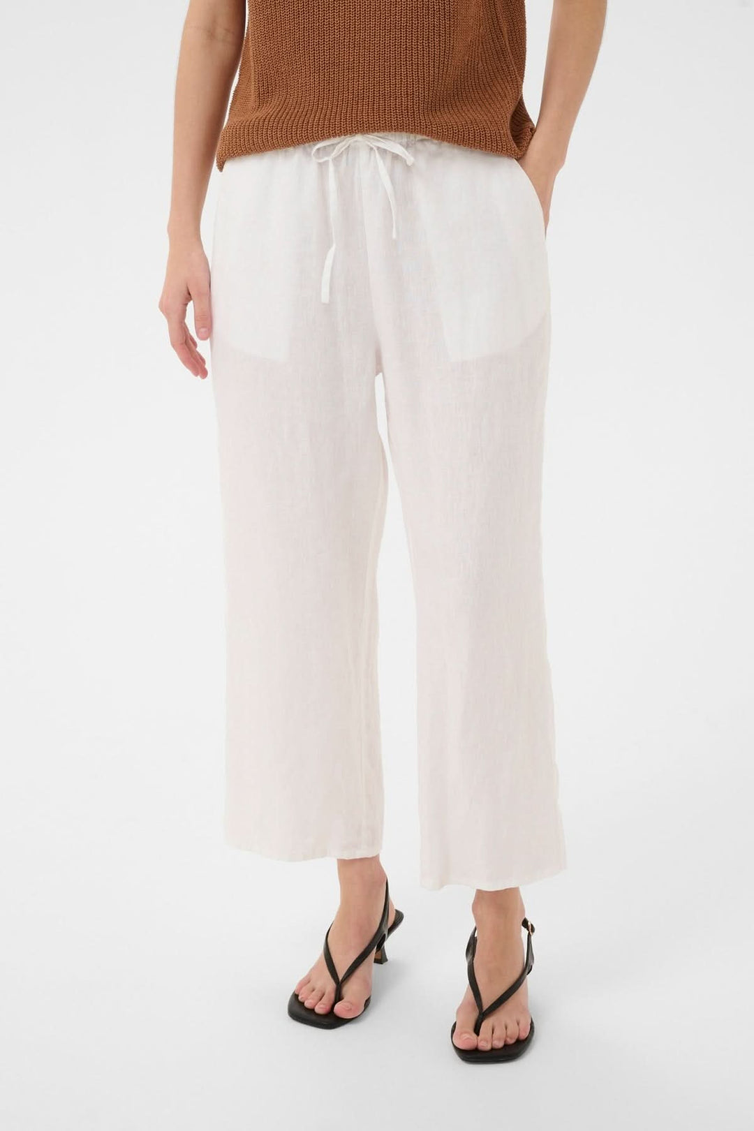 Pantalon de lin Berita fluide à jambe droite, taille élastique avec cordon, poches latérales, tissu léger, idéal pour l'été.