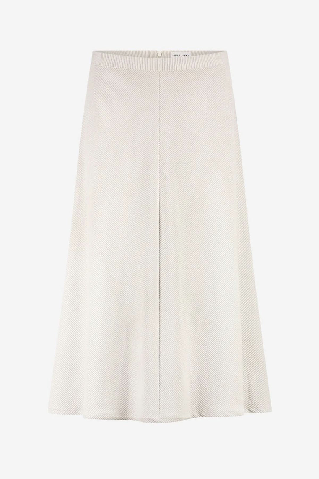 Jupe midi en velours côtelé de couleur beige avec coupe évasée et taille haute, idéale pour un look élégant.