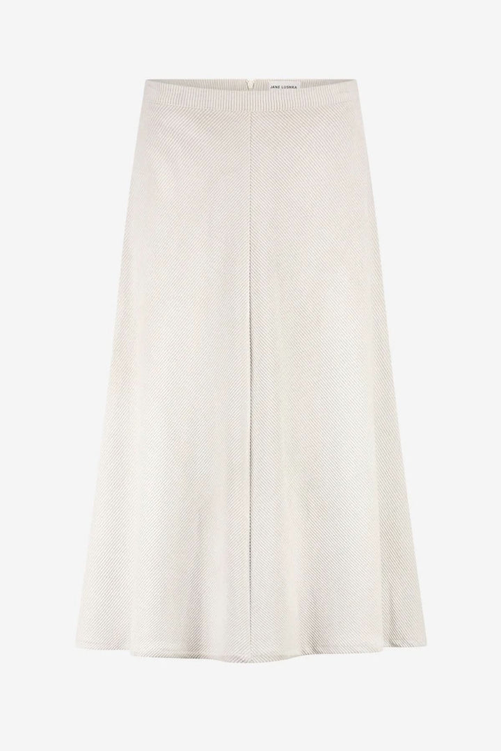 Jupe midi en velours côtelé de couleur beige avec coupe évasée et taille haute, idéale pour un look élégant.