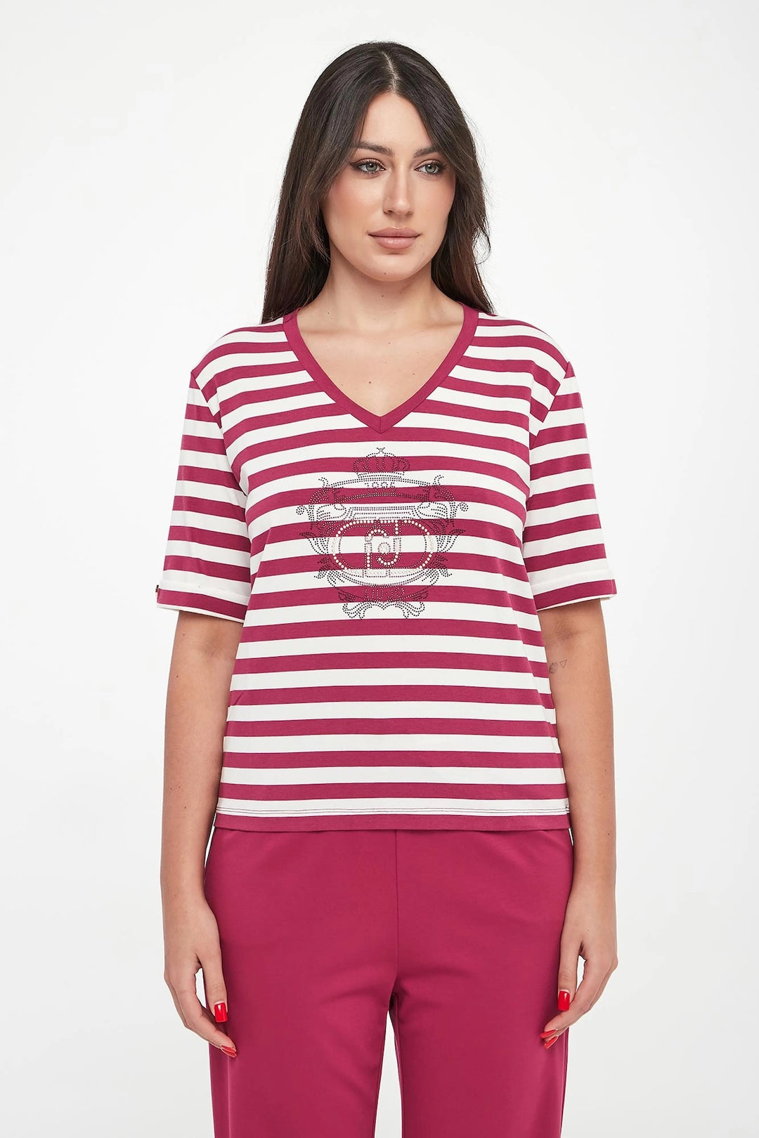 Striped V-neck T-shirt with decorative pattern