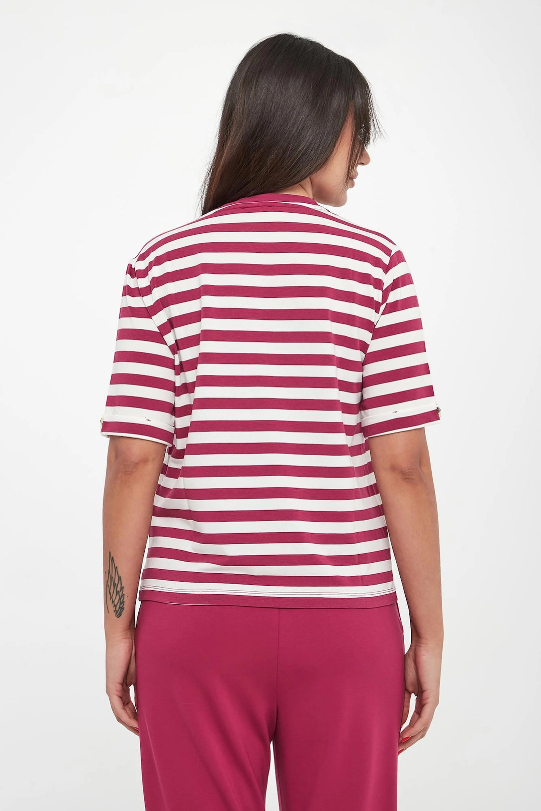 Striped V-neck T-shirt with decorative pattern