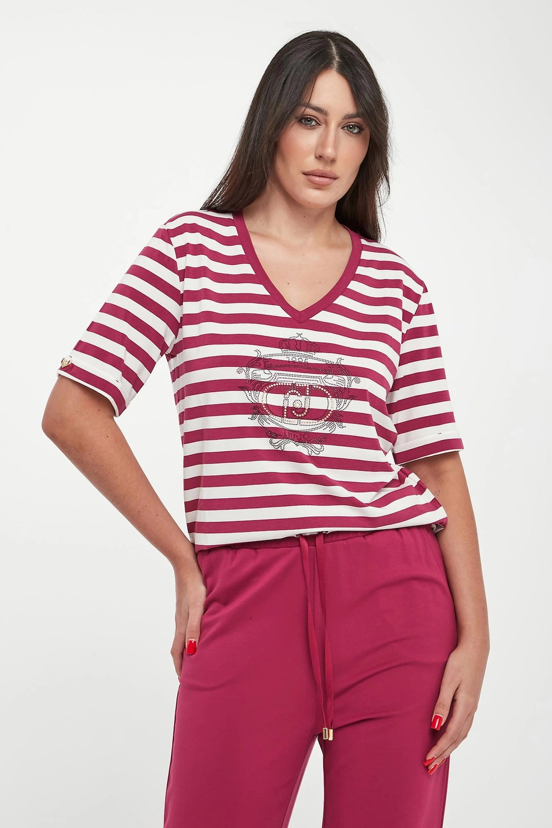 Striped V-neck T-shirt with decorative pattern