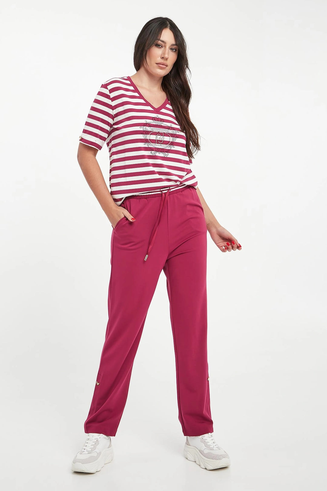 Striped V-neck T-shirt with decorative pattern