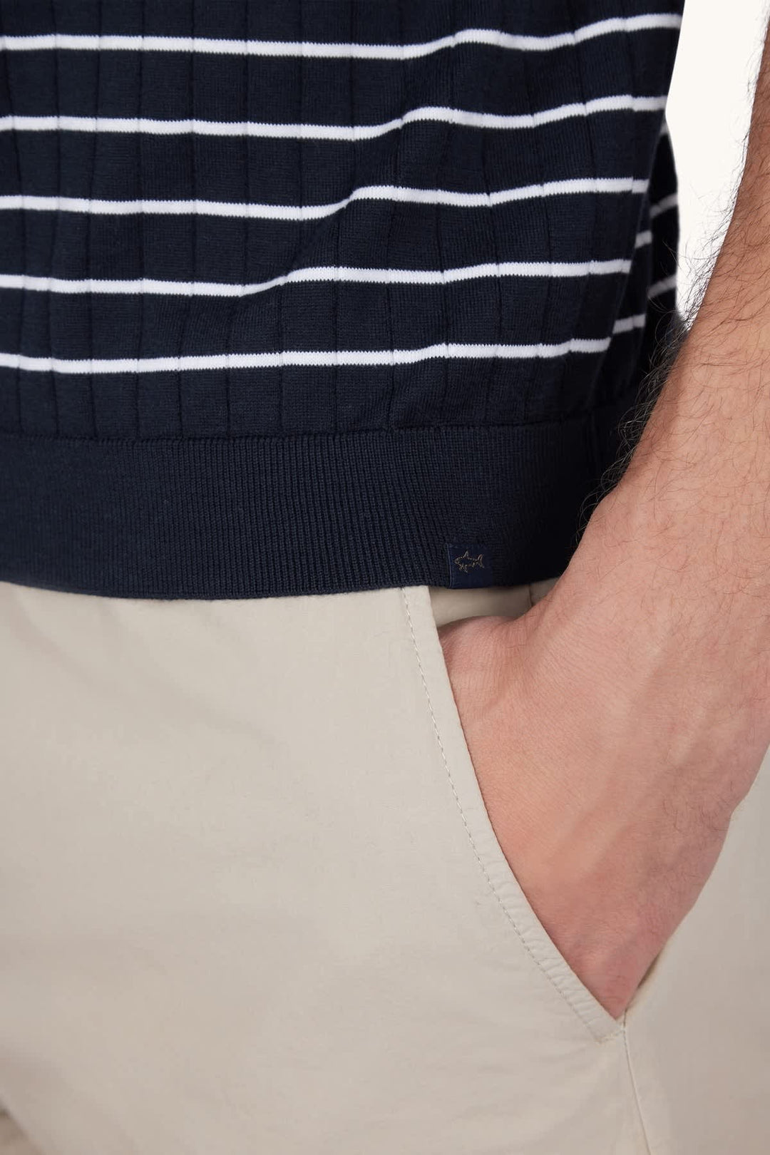 Front view of the Paul and Shark blue and white striped men&
