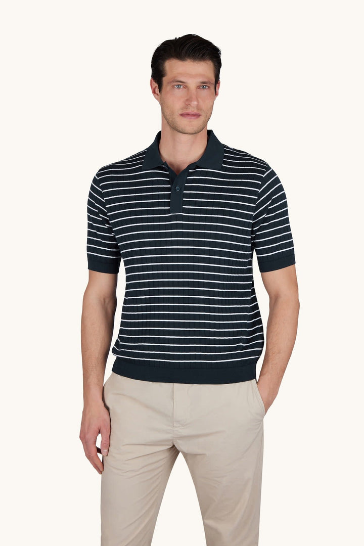 Front view of the Paul and Shark blue striped men&