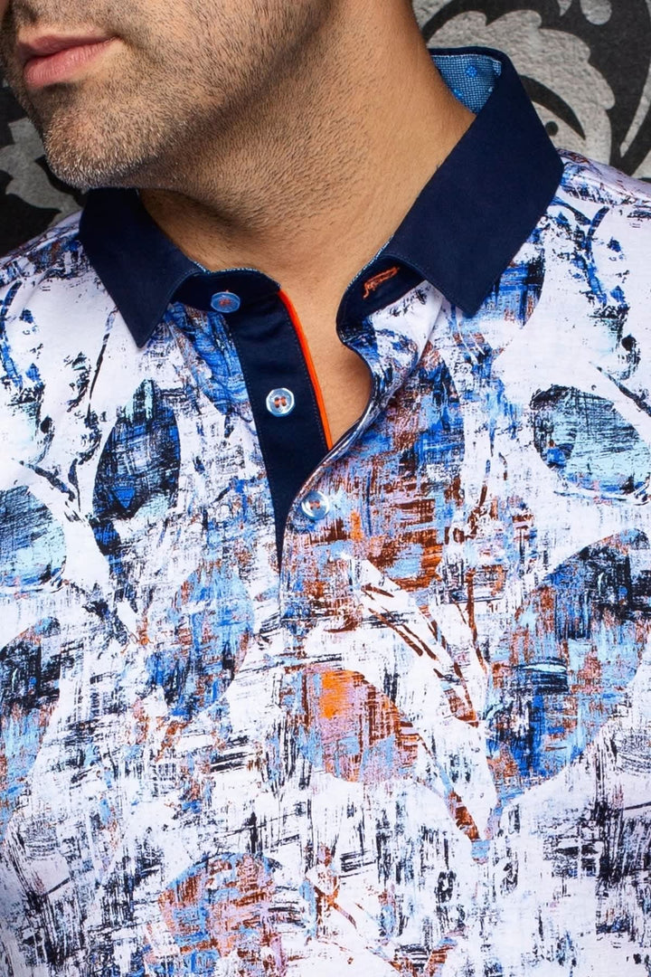 Front view of the Yucatan Polo Shirt Au noir for men in black with colorful patterns - Valérie Simon