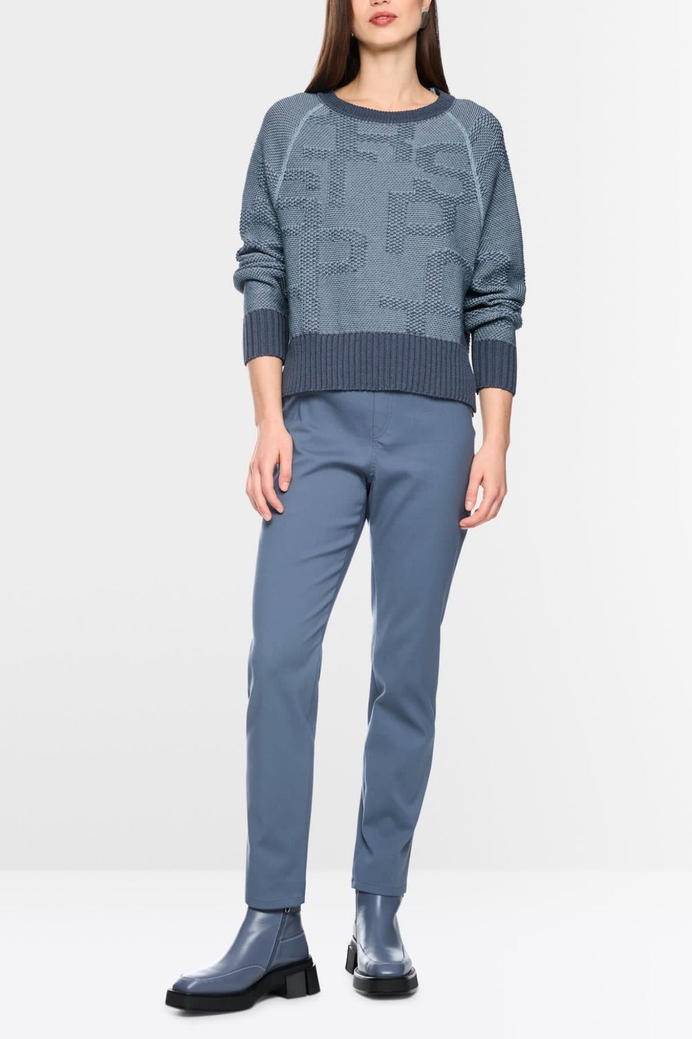 Rear view of a gray Marc Cain women's knit sweater with textured details - Valérie Simon