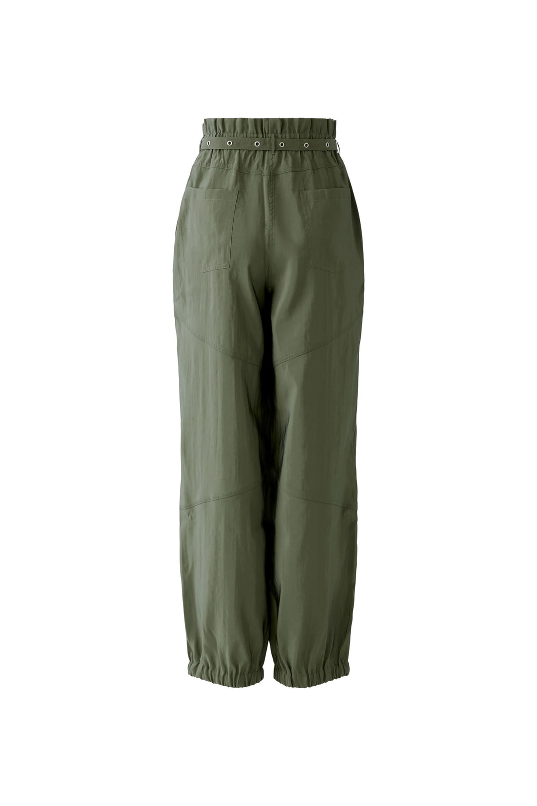 Pantalon jogger ceinturé vert avec taille élastique, ceinture intégrée et bas resserrés pour un look décontracté et moderne.