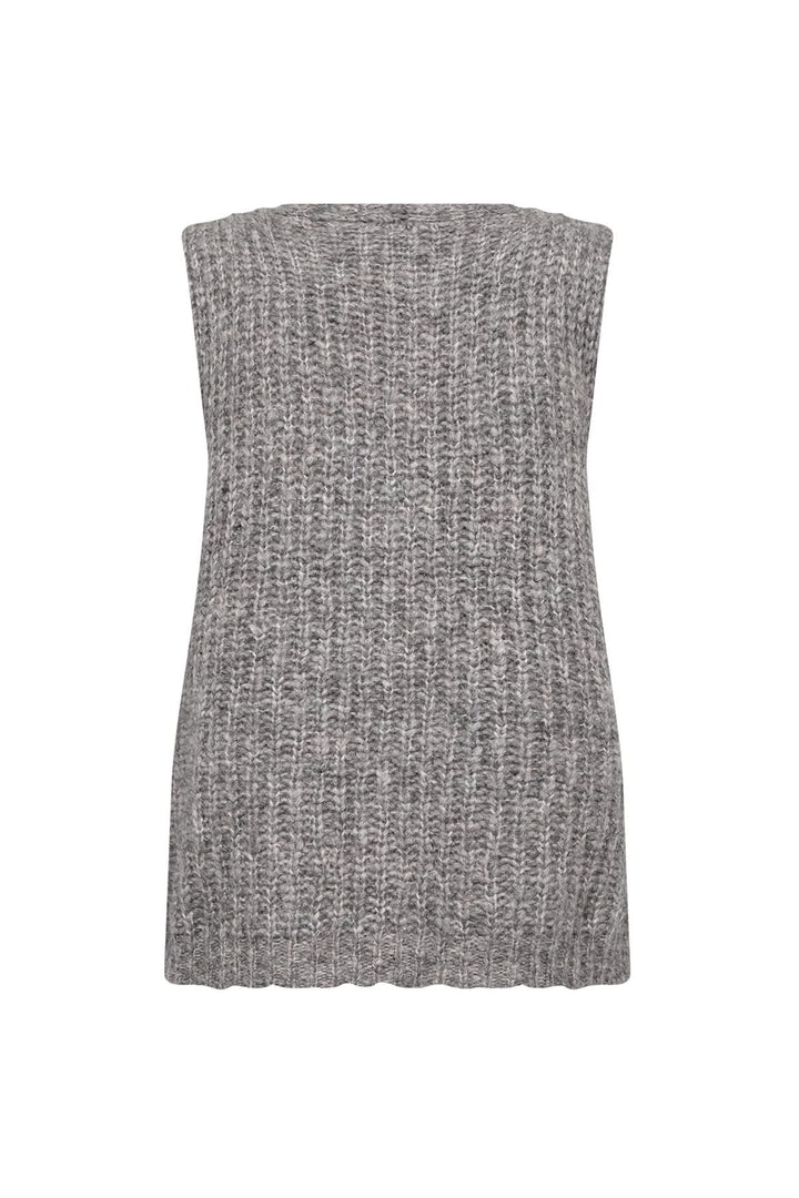 Veste sans manches en grosse maille texturée, grise, au fini chiné, idéale pour superpositions automnales.