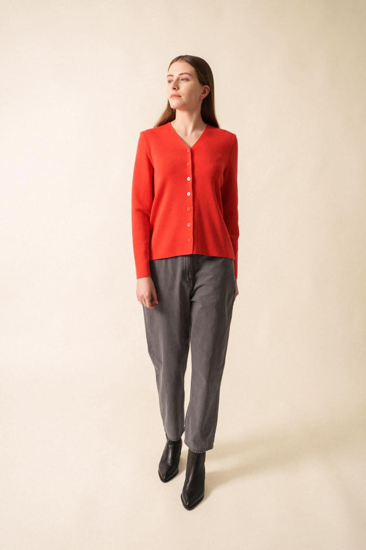 Gilet en laine rouge à encolure en V porté avec un pantalon gris, style élégant et minimaliste.