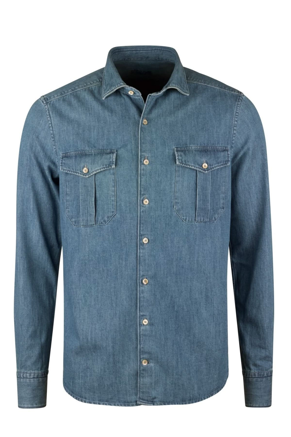 Chemise en denim poches poitrine et boutons nacrés avec col cut away, 100% coton, boutons en nacre, pour un style moderne et raffiné.