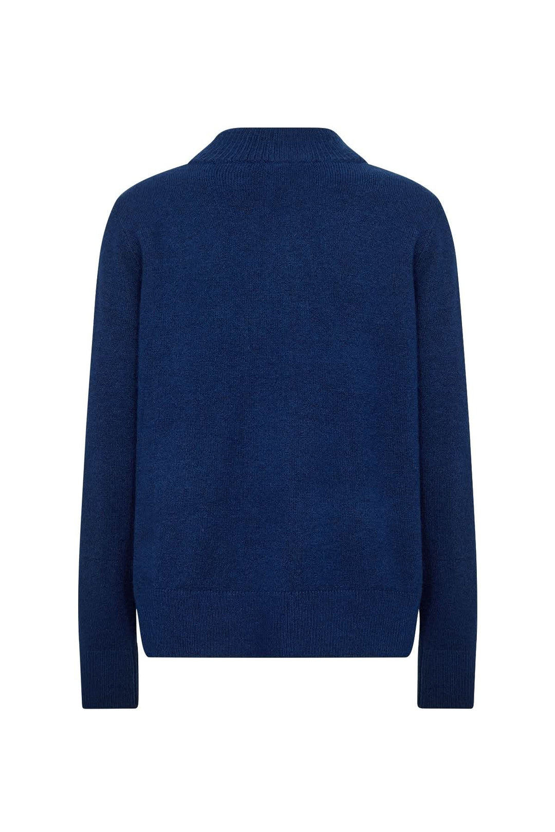 Cardigan zippé en maille douce, col montant, vue arrière, couleur bleu, style décontracté et moderne.