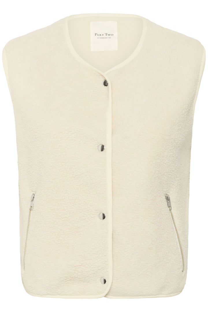 Veste sans manche Signy en tissu sherpa, coupe droite, teinte crème, fermeture à boutons-pression et poches zippées.