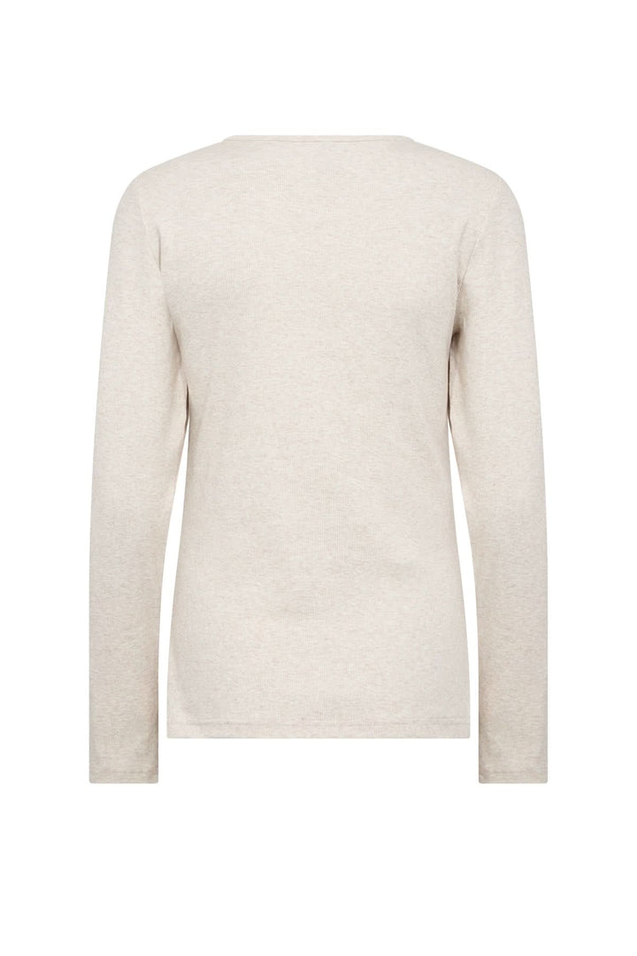 Chandail à manches longues beige, coupe droite, arrière simple et minimaliste, parfait pour le confort quotidien.