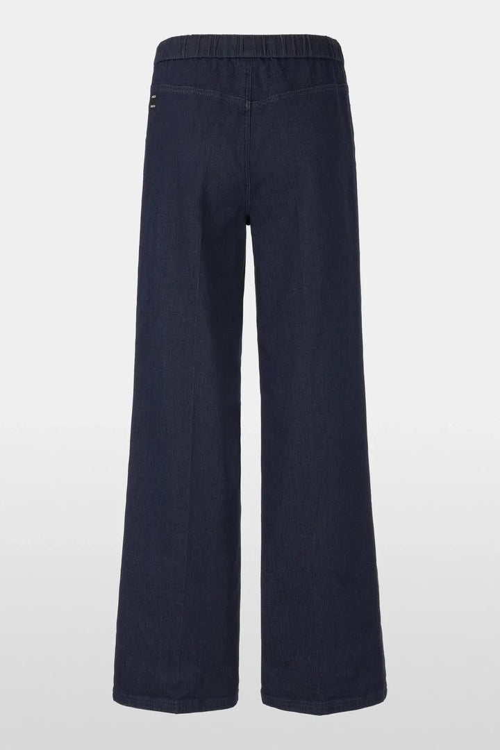 Jean évasé WELKOM à taille haute, confort en coton biologique, coupe large et ceinture élastique pour un ajustement parfait.