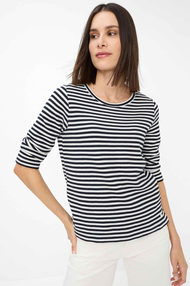 Chandail rayé Bonnie en pur coton, coupe droite, encolure ronde, manches trois quarts, look décontracté élégant.